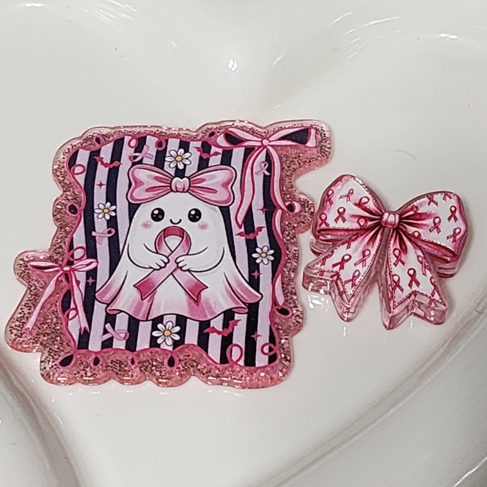 Pink Ribbon Flatback Focal Bead Ghost Breast Cancer Beaded Pen Badge Acrylic
